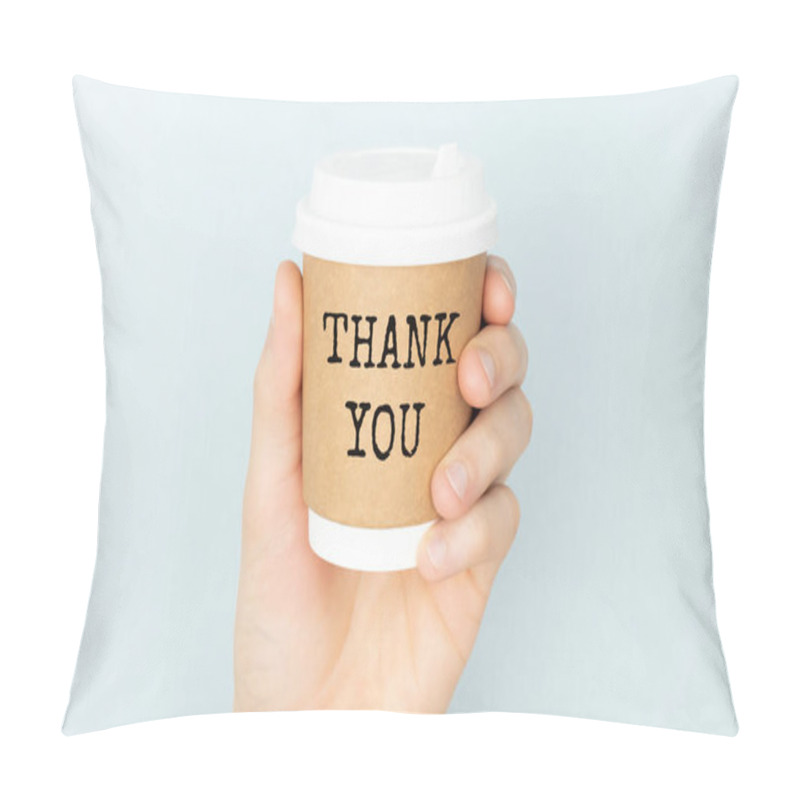 Personality  Thank You Or Thank You Concept With A Cup Of Coffee In Hands On A Light Background. Pillow Covers