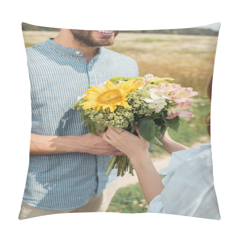 Personality  Cropped Shot Of Cheerful Man Presenting Bouquet Of Wild Flowers To Girlfriend In Summer Field Pillow Covers