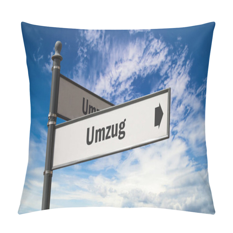 Personality  An Image With A Signpost In German Pointing In The Direction Of Relocation. Pillow Covers