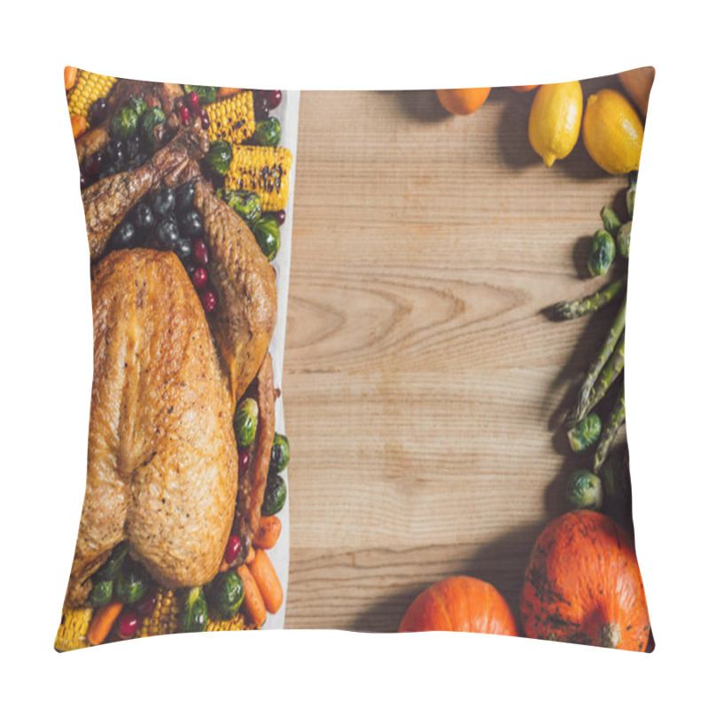 Personality  Flat Lay With Fresh Vegetables And Festive Turkey Arranged On Wooden Surface, Thanksgiving Holiday Concept Pillow Covers