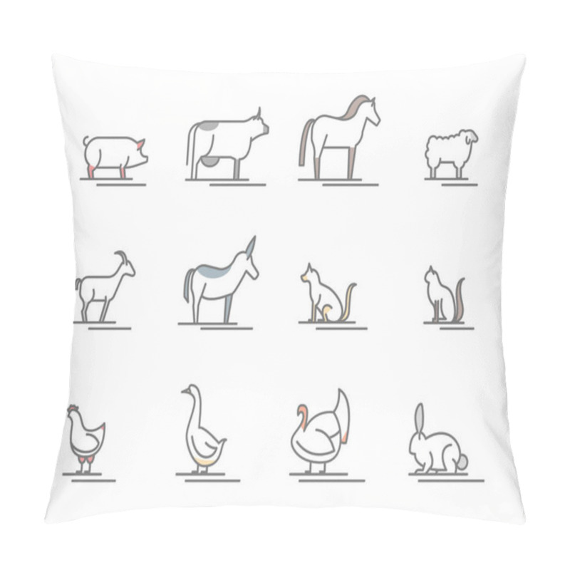 Personality  Animals Farm Black Thin Line Icon Set. Vector Pillow Covers