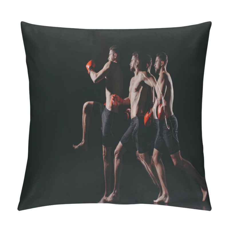 Personality  Multiple Exposure Of Strong Muscular Mma Fighter In Boxing Gloves Doing Kick In Jump Pillow Covers