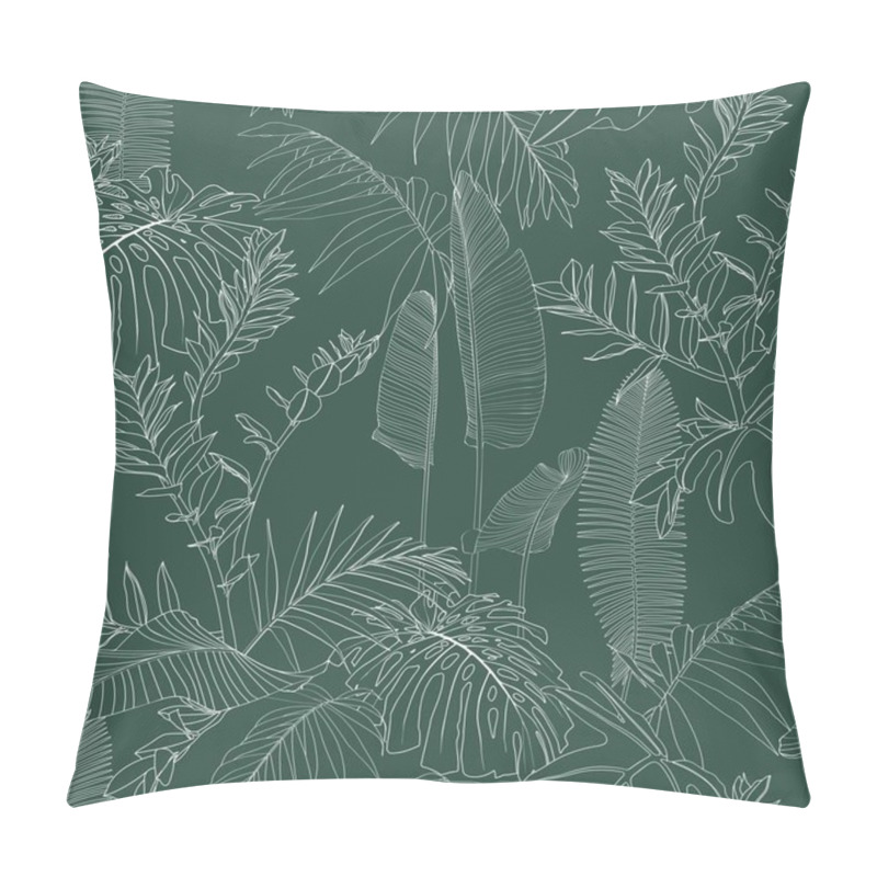 Personality  Elegant Seamless Pattern With Green Hand Drawn Line Tropical Leaves And Flowers. Floral Pattern. Vintage Green Background. Pillow Covers