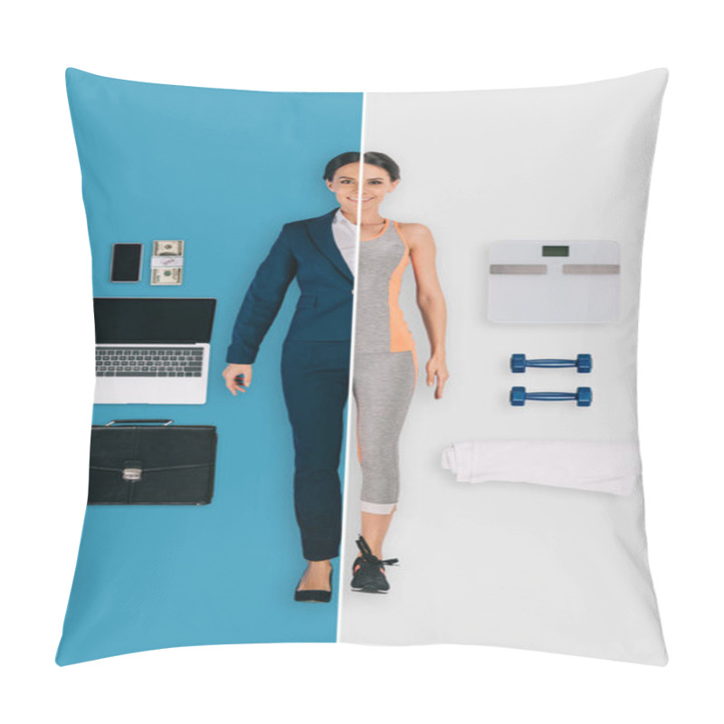 Personality  Young Woman In Two Occupations Of Businesswoman And Sportswoman On Different Backgrounds Pillow Covers