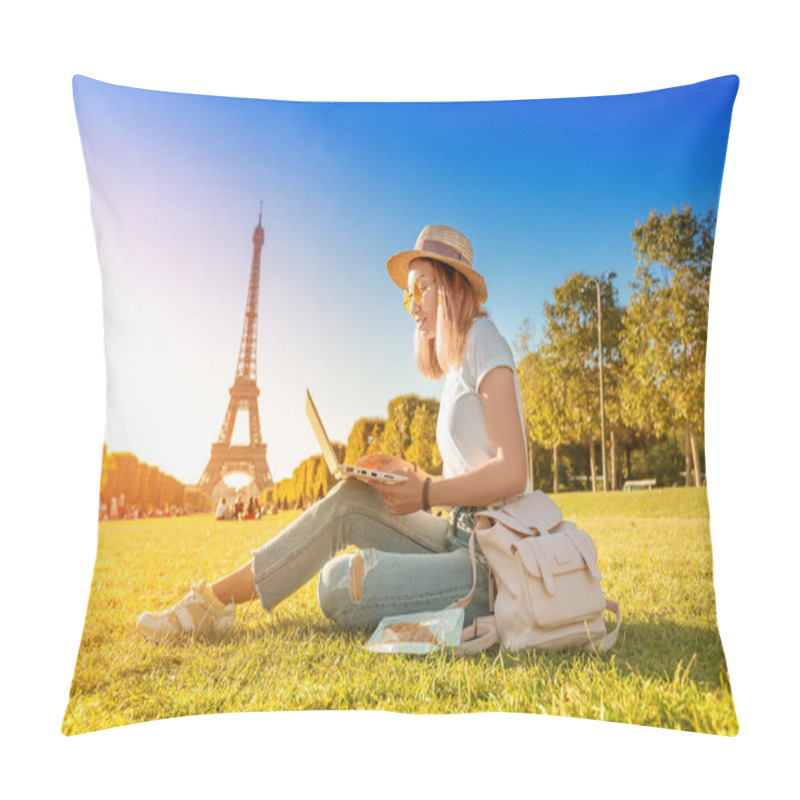 Personality  An Asian Girl Works On A Laptop Sitting On The Grass On The Champ De Mars In Paris Overlooking The Eiffel Tower At Sunset. Concept Of Remote Work And Freelancing Pillow Covers