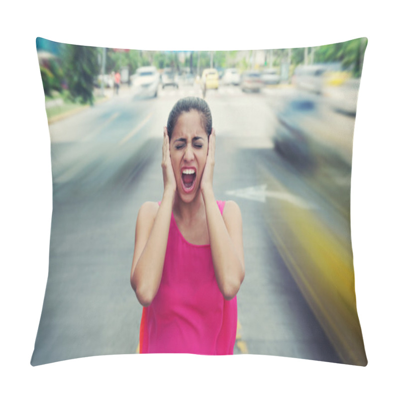 Personality  Portrait Business Woman Screaming At Street Car Traffic  Pillow Covers