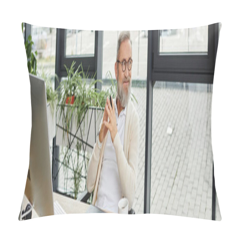 Personality  Mature Man Sits Comfortably In His Office Chair Enjoying A Moment Of Contemplation. Pillow Covers