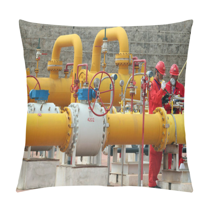 Personality  Chinese Technicians Of PetroChina Kunlun Gas Co., Ltd. Check Valves And Pipes At A Natural Gas Transmission Station Of The Sino-Myanmar Pipelines In Kunming City, Southwest China's Yunnan Province, 10 June 2015 Pillow Covers