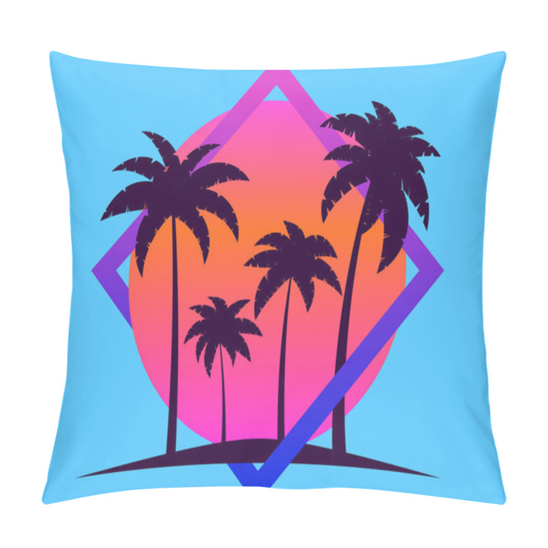 Personality  80s Palm Trees At Sunset. Summer Time. Retro Futuristic Sun. Synthwave And Retrowave Style. Design For Advertising Brochures, Banners And Posters. Vector Illustration Pillow Covers