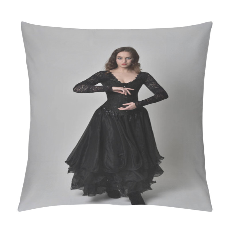 Personality  Full Length Portrait Of Brunette Girl Wearing Long Black Lace Gown Wit Corset. Standing Pose, Isolated On Grey Studio Background. Pillow Covers