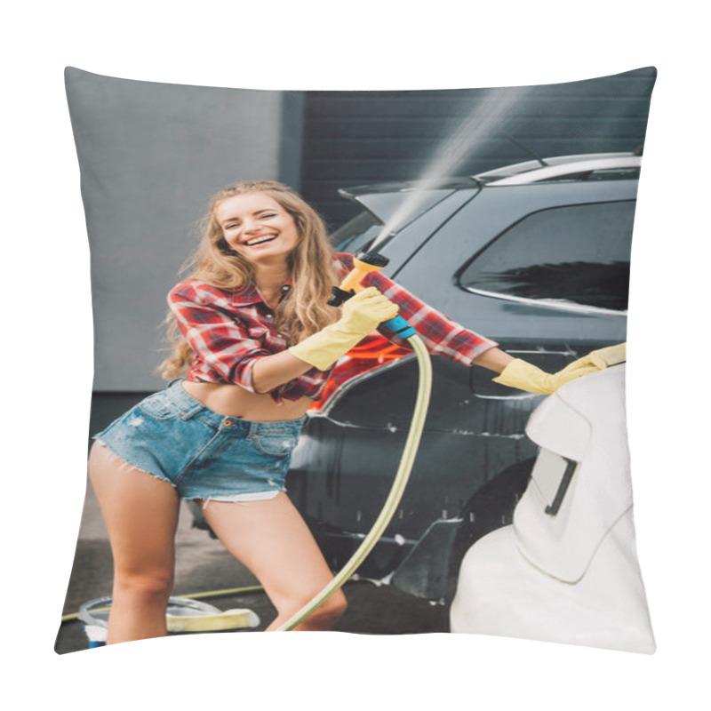 Personality  Cheerful Girl Holding Pressure Washer And Smiling Near Autos   Pillow Covers