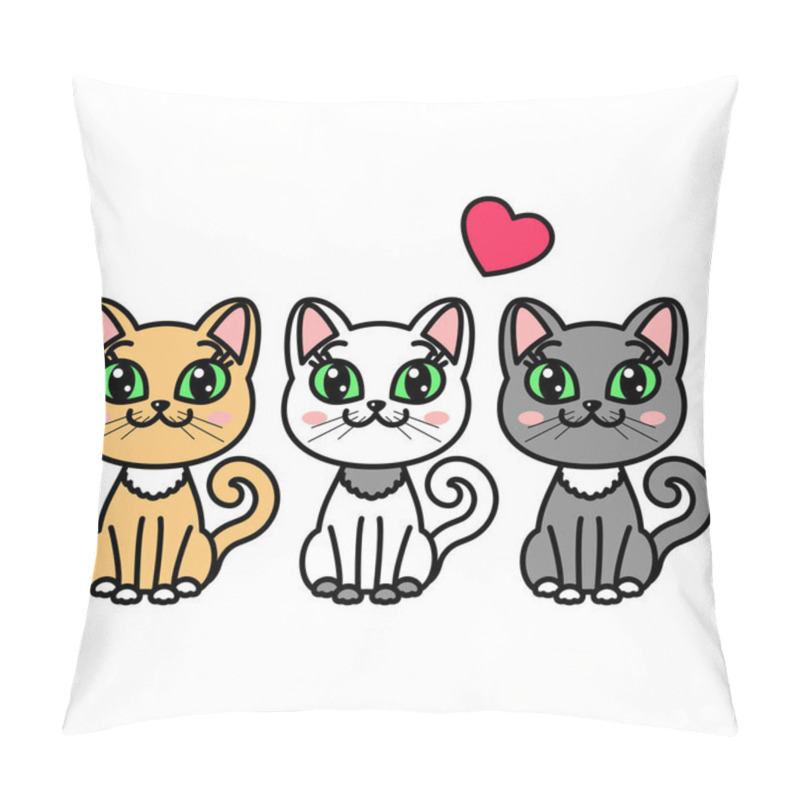 Personality  Three Kittens Gray, White And Red Are Sitting With A Heart. For Children's Design Of Prints, Posters, Stickers, Cards, Puzzles, Etc. Vector Illustration Pillow Covers