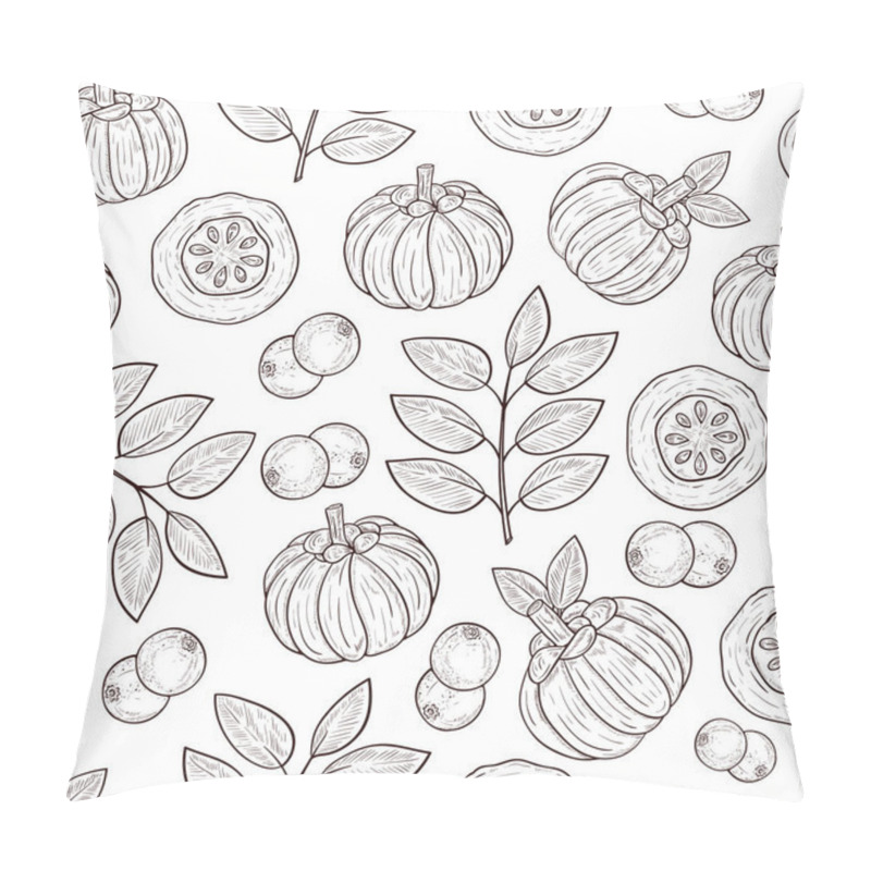 Personality  Garcinia. Leaves, Fruit. Sketch. Background, Wallpaper, Seamless, Texture. Pillow Covers