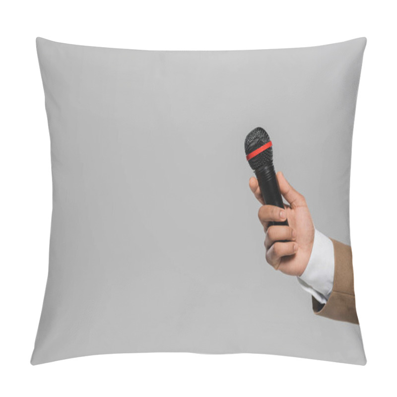 Personality  Cropped View Of Hand Of Event Host In Brown Formal Wear Holding Wireless Microphone While Standing Isolated On Grey With Copy Space Pillow Covers