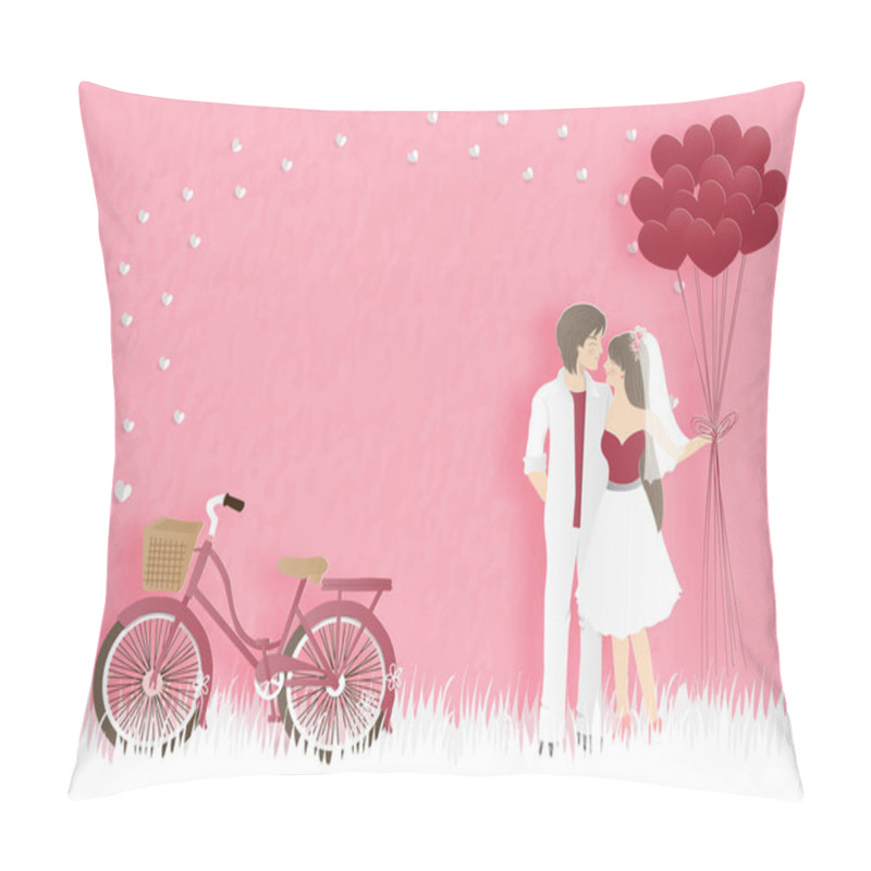 Personality  Valentine's Card With Bicycle And Couple Hugging With Heart Balloons On The Yard With Hearts And Sweet Pink Background. Text Happy Valentine's Day In Paper Cut Style. Vector Illustration.  Pillow Covers