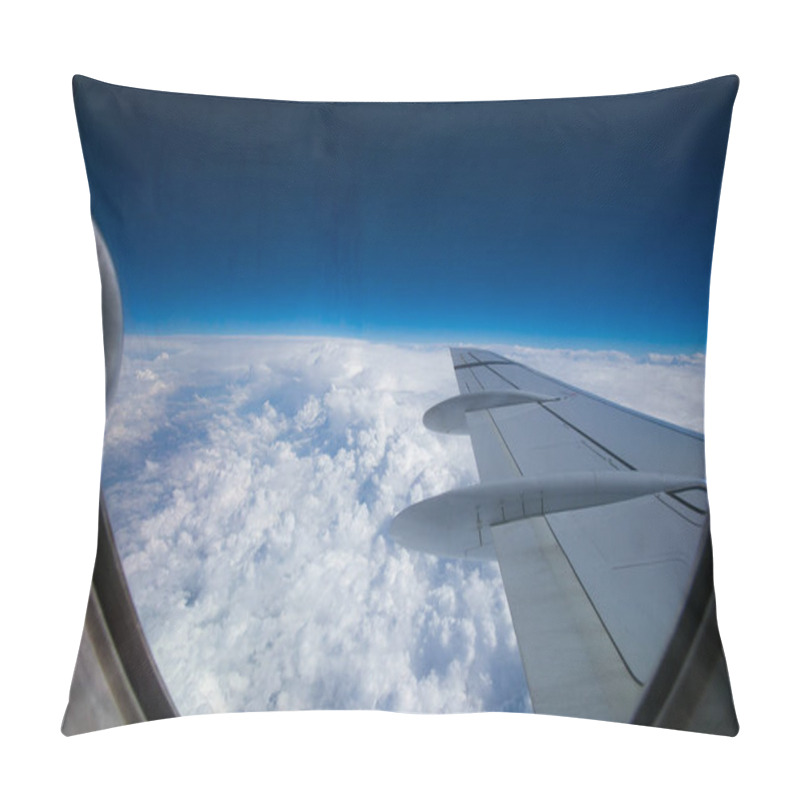 Personality  View From The Window Of The Plane Onto The Wing And Engines Of A Fokker 100 Model With A Blue Sky And White Clouds. Sunny Weather. Pillow Covers