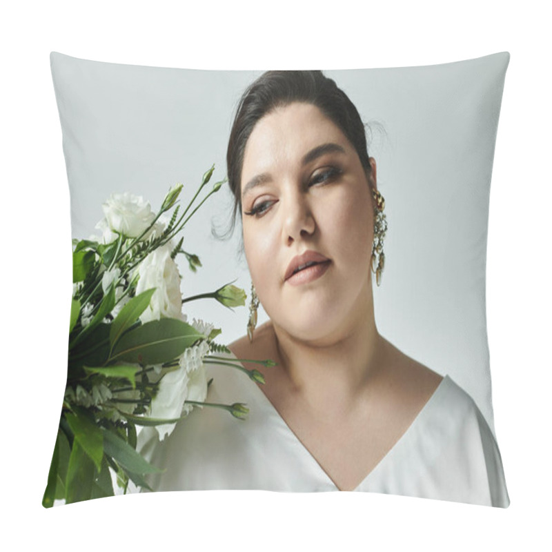 Personality  A Radiant Bride Showcases Her Beauty In A White Dress, Adorned With Earrings, Gently Holding Fresh Flowers. Pillow Covers