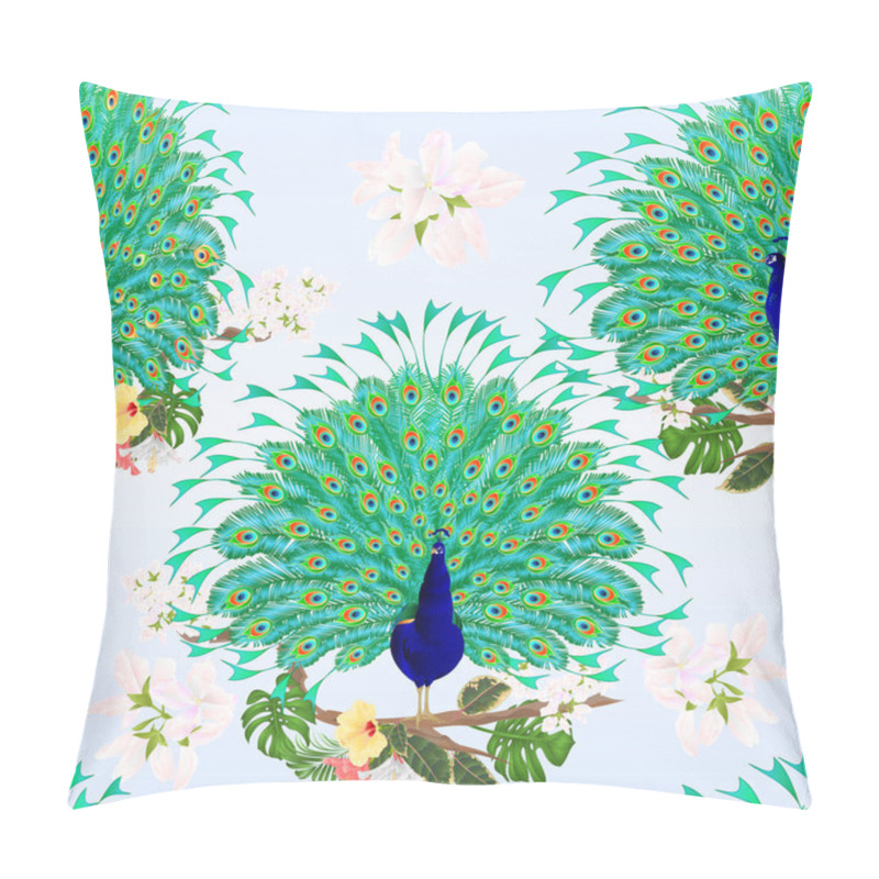 Personality  Seamless Texture Peacocks Beauty Tropical Birds On Branch With Hibiscus Ficus And Philodendron Watercolor Vintage Vector Illustration Editable Hand Drawn   Pillow Covers