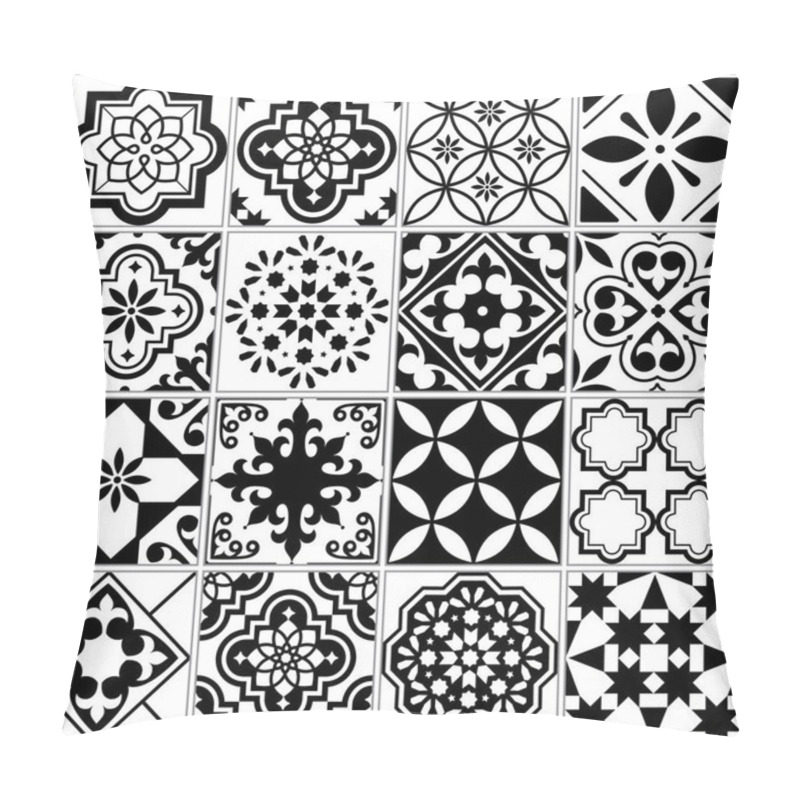 Personality  Vector Tile Pattern, Lisbon Floral Mosaic, Mediterranean Seamless Black And White Ornament Pillow Covers