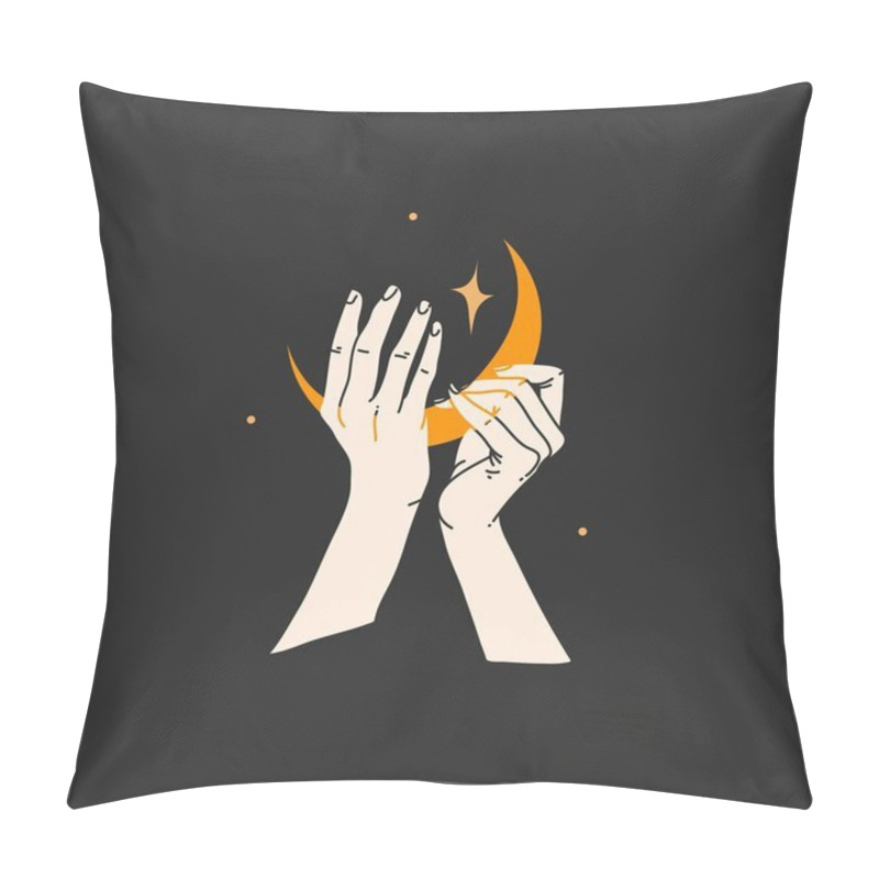 Personality  Hand Drawn Vector Abstract Stock Flat Graphic Alchemy Illustration With Logo Elements,magic Line Art Of Golden Crescent,feminine Hand Silhouette And Stars For Branding,isolated On Black Background Pillow Covers