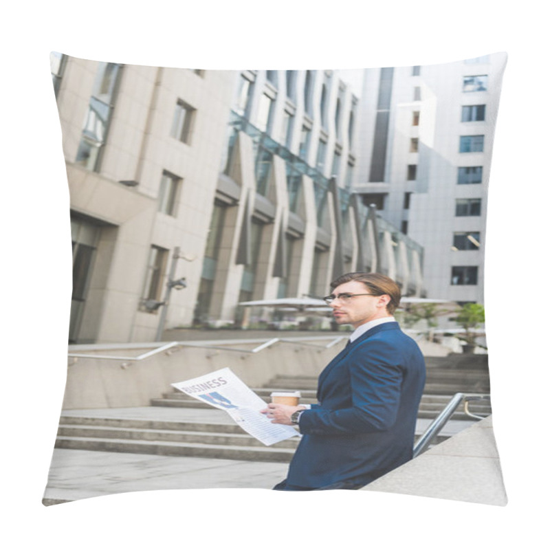 Personality  Thoughtful Young Businessman With Newspaper And Paper Cup Of Coffee Pillow Covers