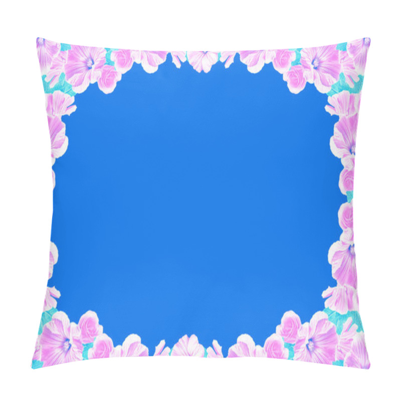 Personality  Floral Background. Pink Petunia Flowers Isolated On Blue Backgro Pillow Covers