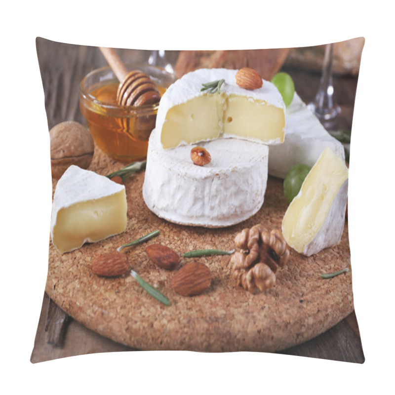 Personality  Camembert Cheese On Paper, Grapes, Nuts And Honey In Glass Bowl On On Cutting Board On Wooden Background Pillow Covers