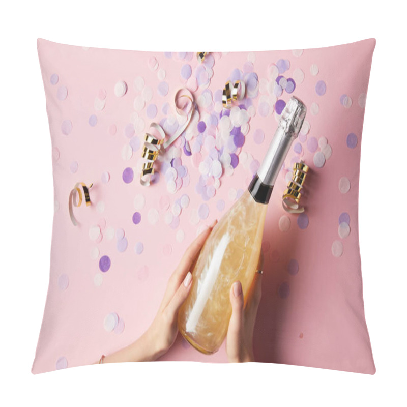 Personality  Cropped Image Of Woman Holding Bottle Of Champagne Above Confetti On Party Table Pillow Covers