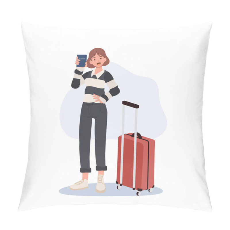 Personality  Travel Concept, At The Airport,immigration.  Woman With Luggage On Airport Is Showing Her Passport. Flat Vector Illustration Pillow Covers