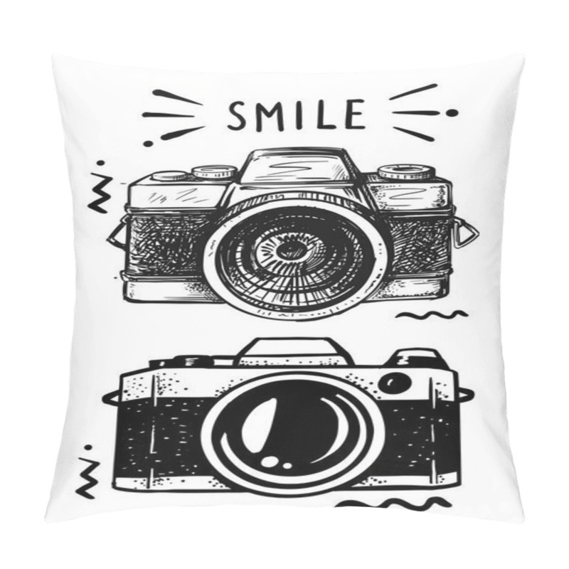 Personality  Digital Photo Camera Drawn In Sketch On White Background Pillow Covers