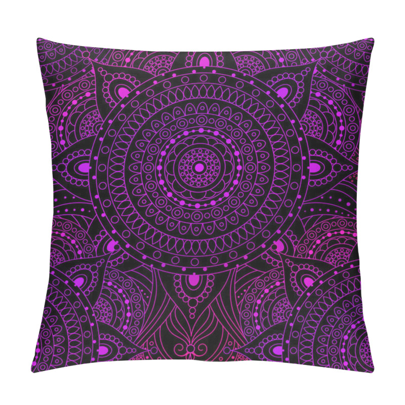 Personality  Seamless Pattern, Laced Pattern With Gradient Pink And Violet Mandala On Black Background. Gypsy, Ethnic Boho Design, Indian Or Arabic Motifs, Arabesque. Pillow Covers