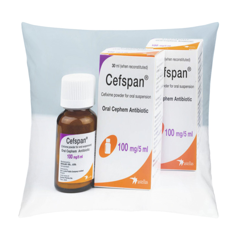 Personality  CHONBURI, THAILAND-AUGUST 3, 2018 : Cefspan 100 Mg/5 Ml. Oral Cephem Antibiotic. Cefixime Powder For Oral Suspension 30 Ml When Reconstituted. Antibiotic Drug In Amber Glass Bottle And Childproof Cap Pillow Covers