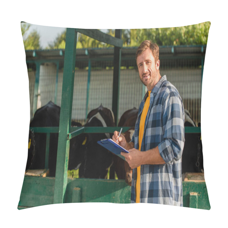 Personality  Farmer In Plaid Shirt Looking At Camera While Standing Near Cowshed And Writing On Clipboard Pillow Covers