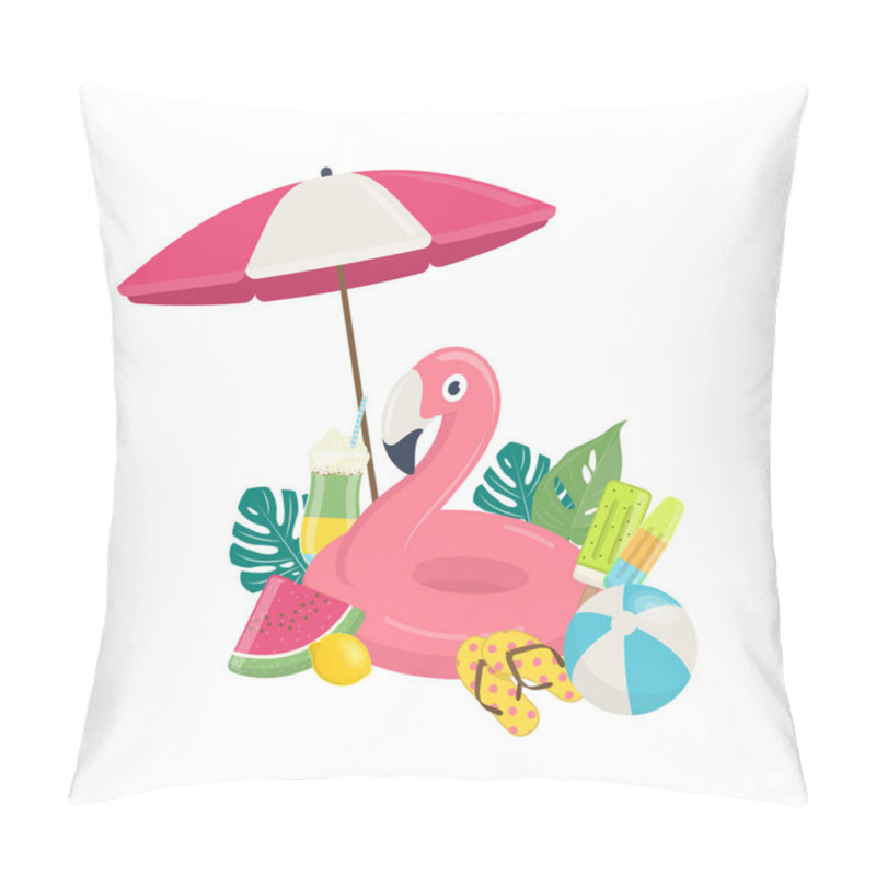 Personality  Summer Beach Vector Background With Pink Flamingo Inflatable Pool Float, Exotic Leaves,and Beach Accessories. Summer Beach Vacations Concept. Vector Illustration On White Backgroun Pillow Covers