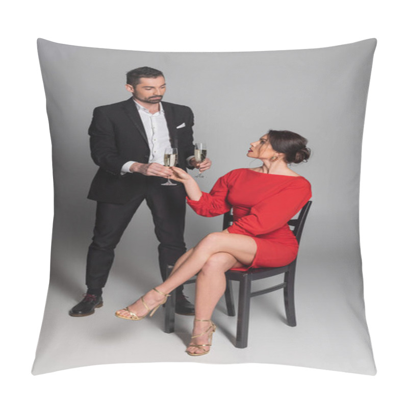 Personality  Full Length Of Elegant Man In Suit Giving Glass Of Champagne To Sexy Girlfriend On Grey Background  Pillow Covers