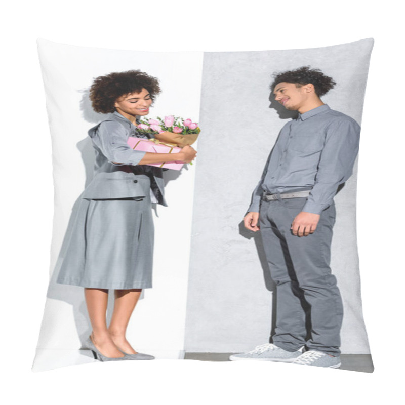 Personality  Young African Amercian Girl Holding Bouquet Of Flowers And Gift Presented By Smiling Man On Grey And White Background  Pillow Covers