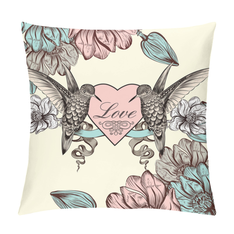 Personality  Vector Background With Magnolia Flowers And Bird In Engraved Sty Pillow Covers