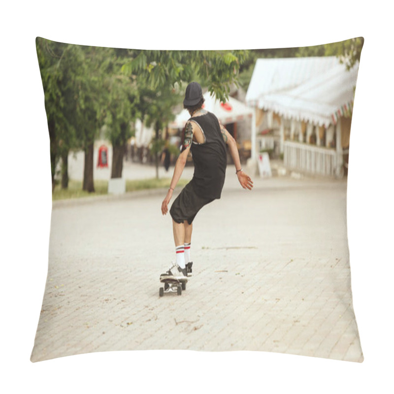 Personality  Skateboarder Doing A Trick At The Citys Street In Cloudly Day Pillow Covers