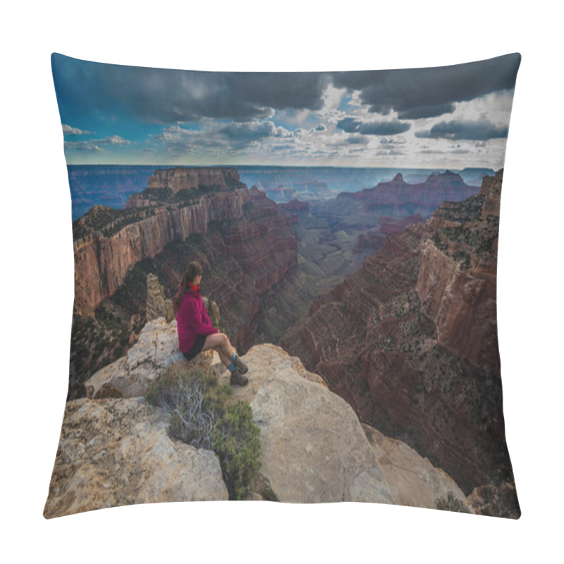 Personality  Hiker Looking Down Cape Royal Overlook Grand Canyon North Rim Wo Pillow Covers