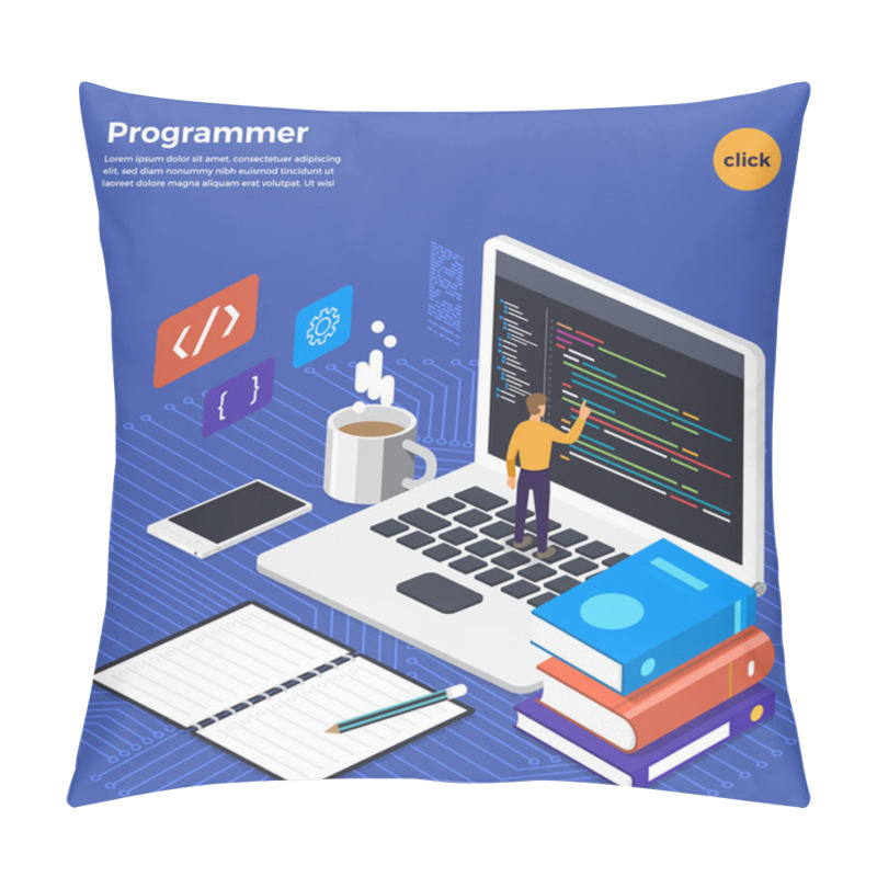 Personality  Flat Design Concept Programmer Coding Program. Vector Illustrate. Pillow Covers