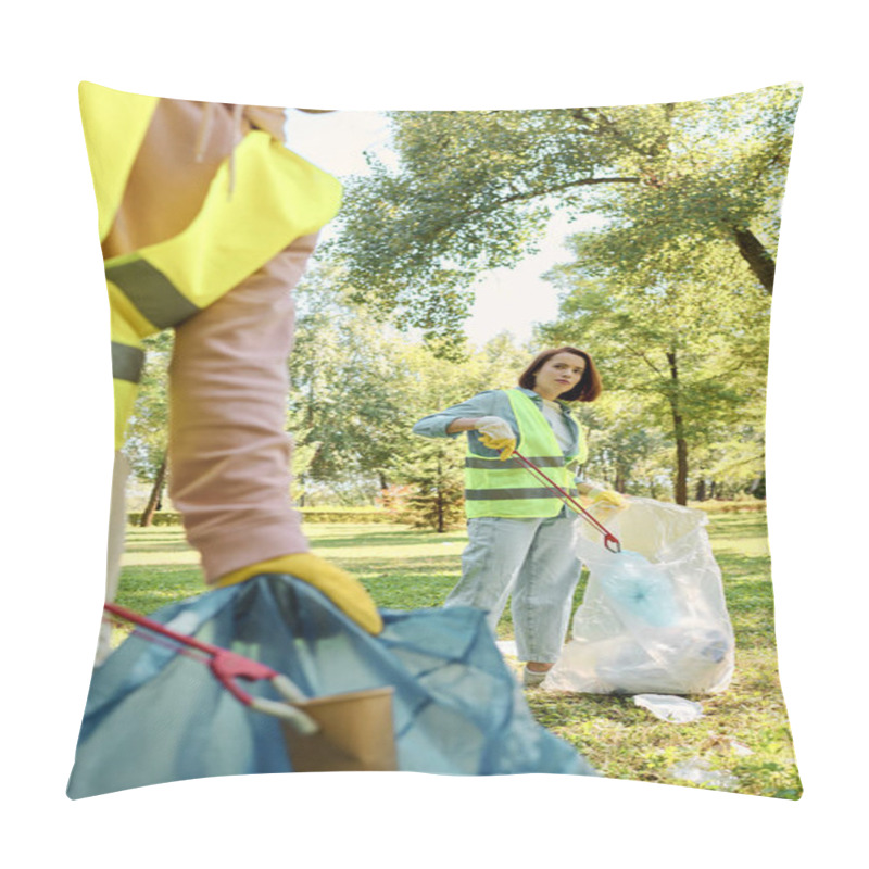 Personality  Diverse Loving Couple Passionately Cleaning Up A Park While Wearing Safety Gloves. Pillow Covers