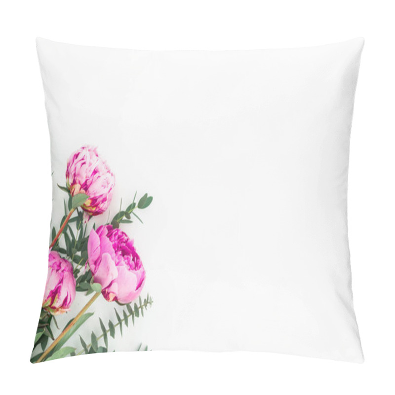 Personality  Floral Bouquet Of Pink Peonies, Hypericum And Eucalyptus On White Background. Flat Lay, Top View Pillow Covers