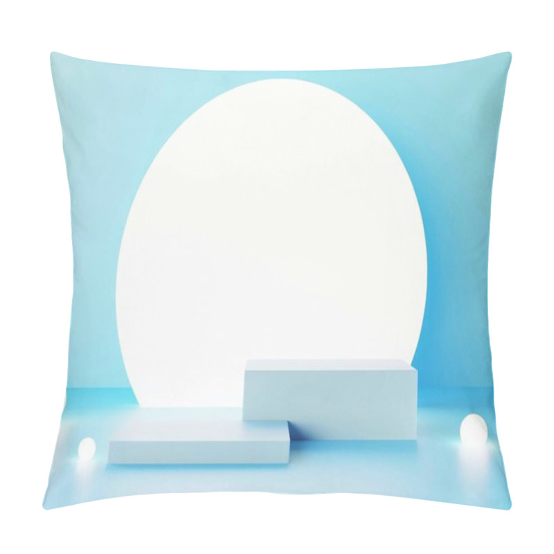 Personality  Minimalist White Display Platforms With Soft Blue Backdrop And Glowing Orbs. Pillow Covers