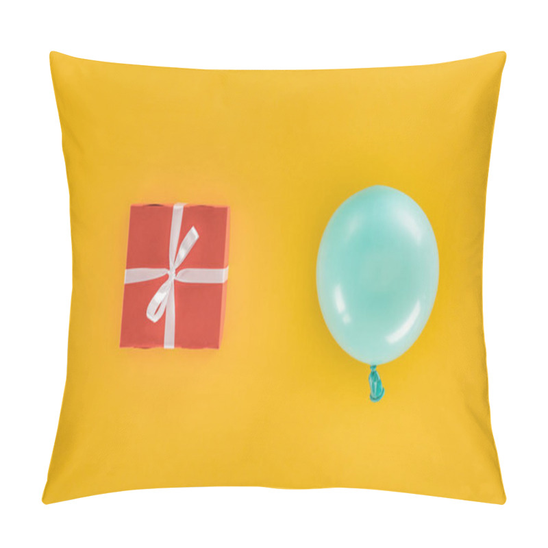 Personality  Top View Of Blue Balloon And Red Gift Box On Yellow Background Pillow Covers