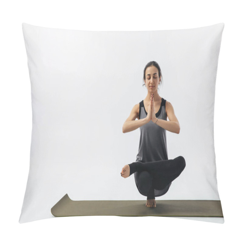 Personality  Woman Practicing Toe Stand On Yoga Mat Isolated On White Pillow Covers