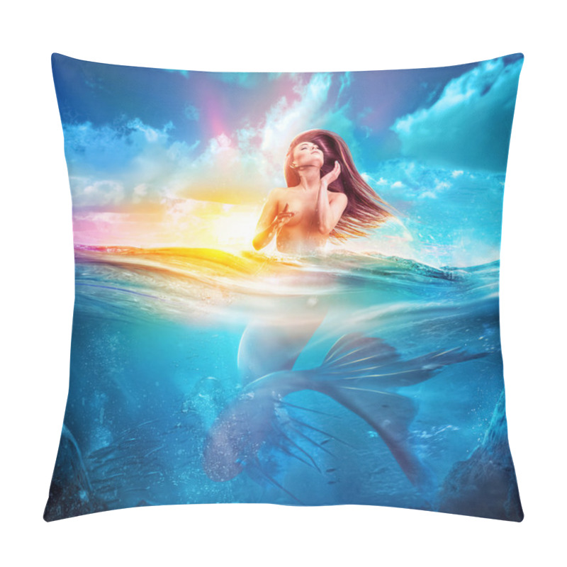 Personality  Sexy Mermaid Emerges Out From Sea At Sunset Pillow Covers