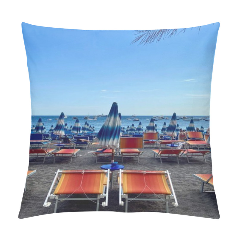 Personality  Positano, Italy - August 5 2022: Vibrant Beach Scene With Umbrellas And Loungers In Campania, Italy. High Quality Photo Pillow Covers