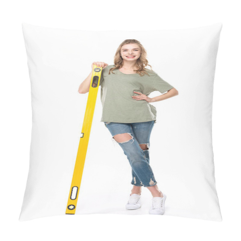 Personality  Young Woman With Level Tool  Pillow Covers