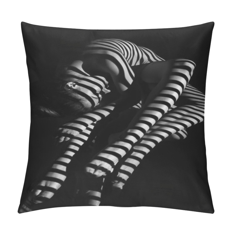 Personality  The Nude Woman And Her Reflection With Black And White Zebra Stripes.  Black-and-white Photo Created With The Projector Pillow Covers