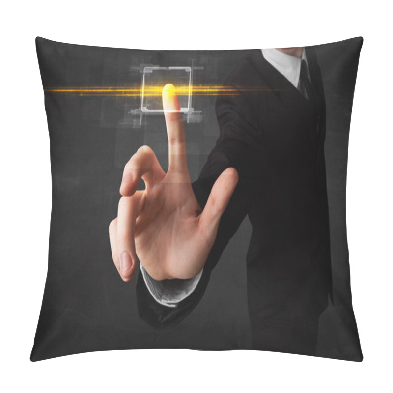 Personality  Tech Business Person Touching Button With Orange Light Beams Con Pillow Covers